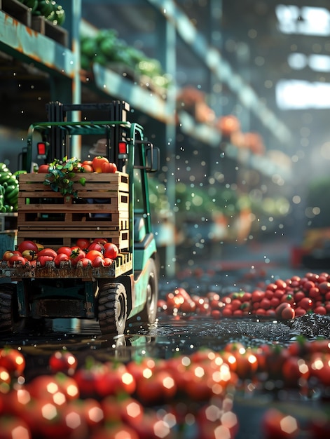 Photo a forklift is driving through a warehouse filled with tomatoes