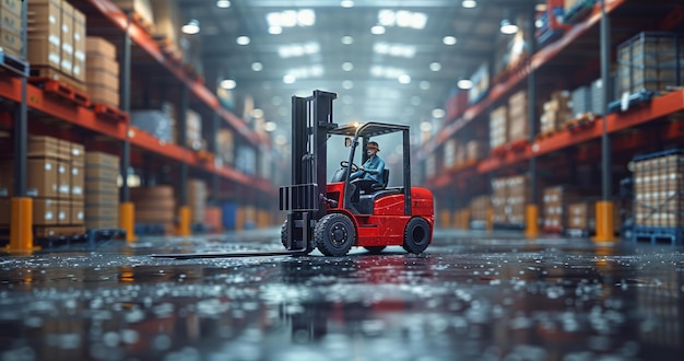 A forklift is driving through a warehouse The forklift is red and the warehouse is full of boxes