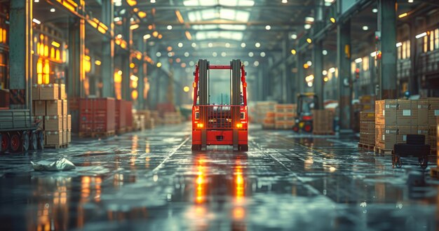 A forklift is driving through a warehouse with boxes stacked on top of each other