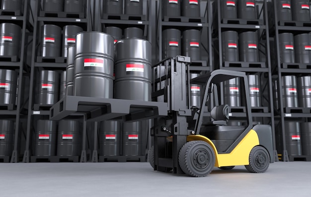 a forklift is lifting oil barrels made in iraq in a warehouse
