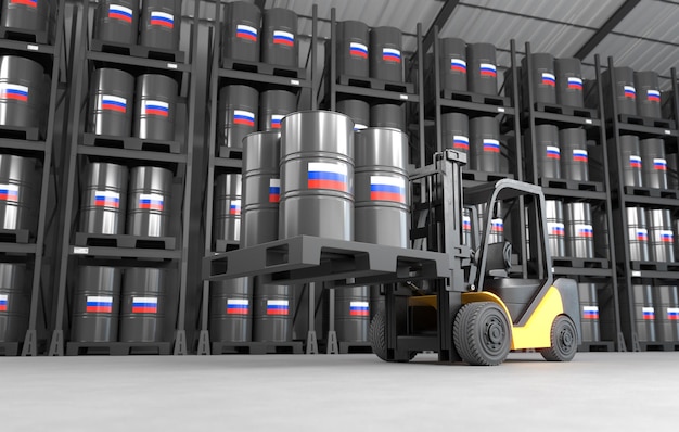 a forklift is lifting oil barrels made in russia in a warehouse