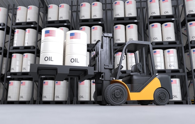 a forklift is lifting oil barrels made in usa in a warehouse