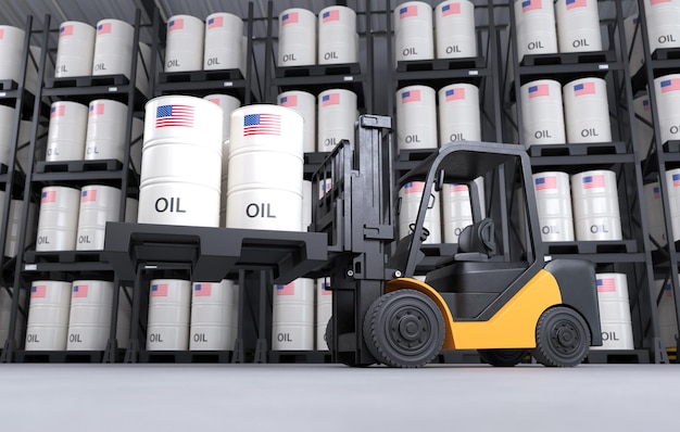 A forklift is lifting oil barrels made in USA in a warehouse