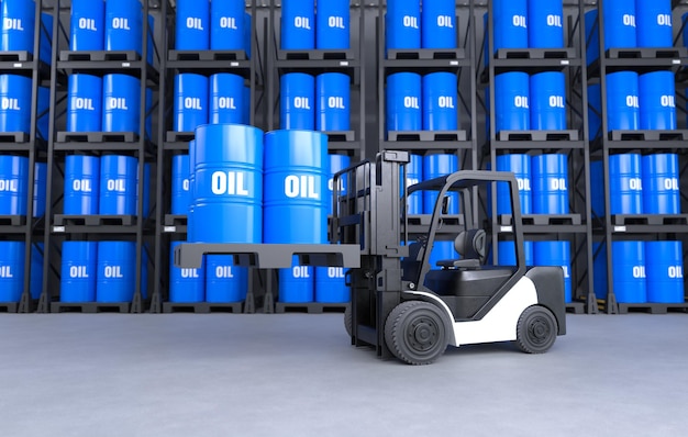 the forklift is lifting an oil tank in a warehouse