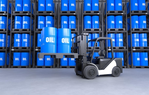 The forklift is lifting an oil tank in a warehouse