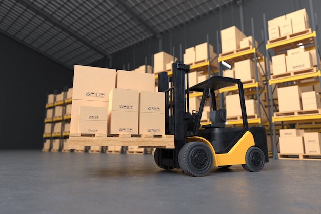 Forklift is lifting a wooden pallet in a warehouse