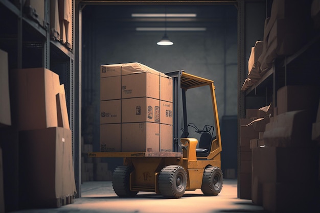 A forklift is loaded with boxes in a warehouse.