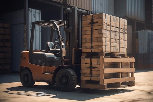 A forklift is loaded with pallets and the number 1 on the back.