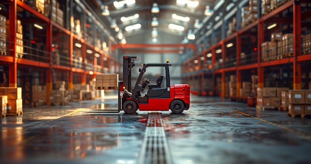 A forklift is in a warehouse with boxes stacked on the floor The forklift is red and is parked in the middle of the warehouse