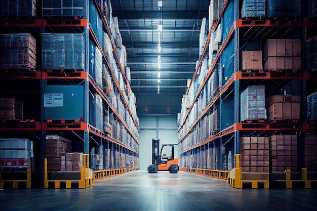 A forklift is in a warehouse with a sign on the wall that says " warehouse ".