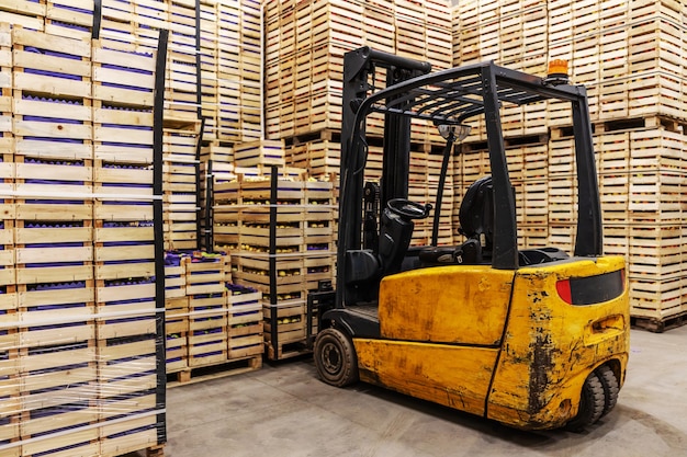 Photo forklift lifting crates with fruits. cold storage interior.