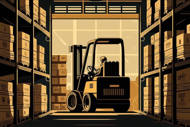 Photo forklift lifting pallets of goods in a warehouse