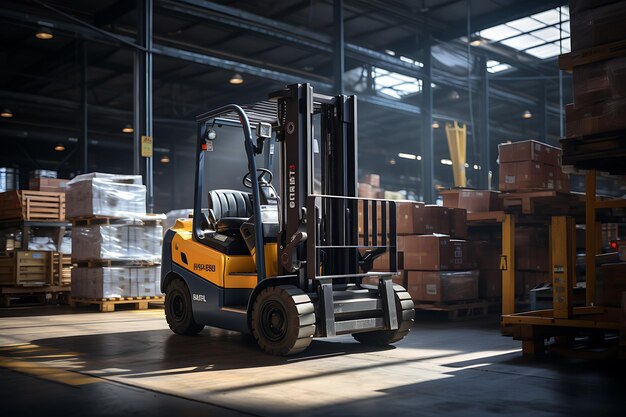 Photo forklift loader in warehouse cargo freight transportation and distribution warehouse