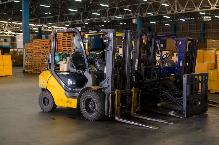 Photo forklift loader in warehouse machinery and logistics concept