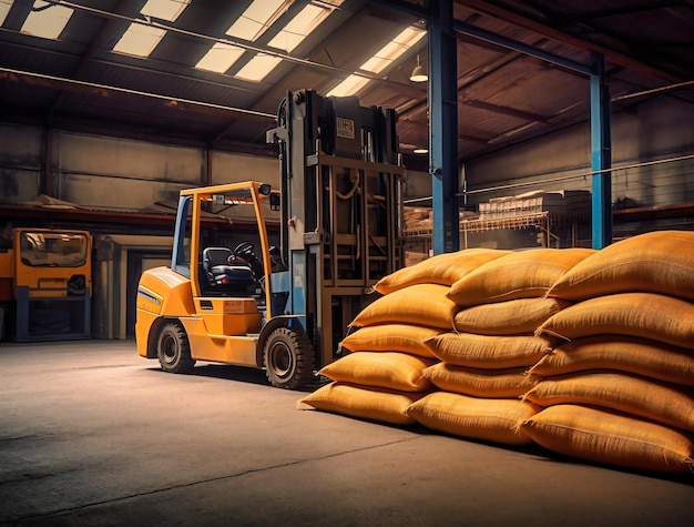 Forklift loading sacks of grain to a warehouse