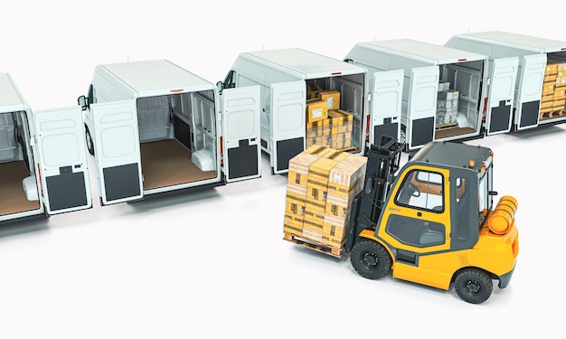 Forklift loads packages onto white transport vans. 3d render