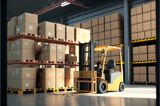 A forklift loads pallets and boxes onto racks in a huge hangar or warehouse AI generative