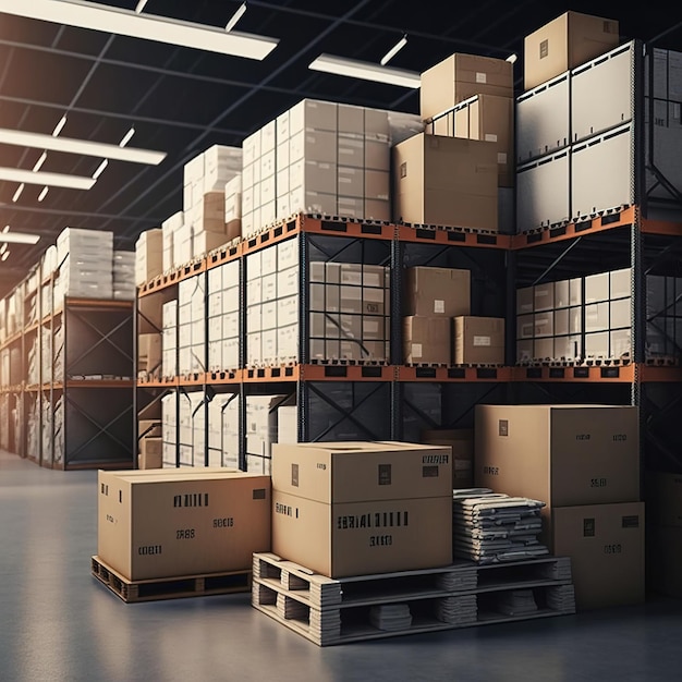 A forklift loads pallets and boxes onto racks in a huge hangar or warehouse AI generative