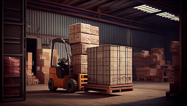 Forklift loads pallets and boxes in warehouse Generative AI