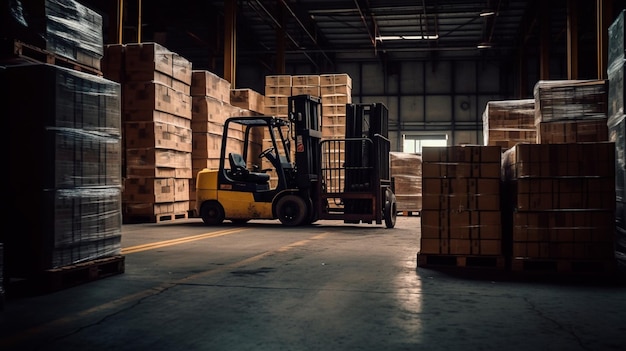 Photo forklift loads pallets and boxes in warehouse generative ai