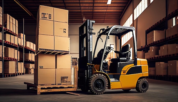 Forklift loads pallets and boxes in warehouse