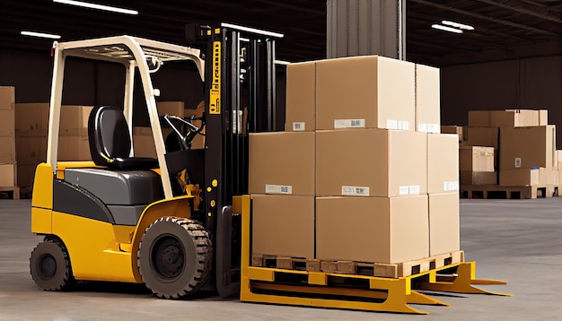 Forklift loads pallets and boxes in warehouse