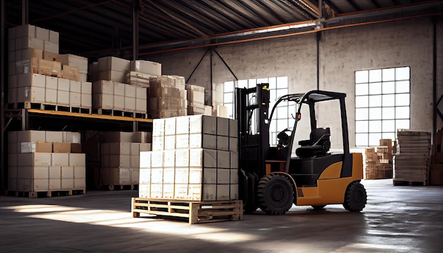 Forklift loads pallets and boxes in warehouse