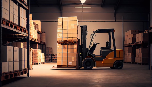 Forklift loads pallets and boxes in warehouse