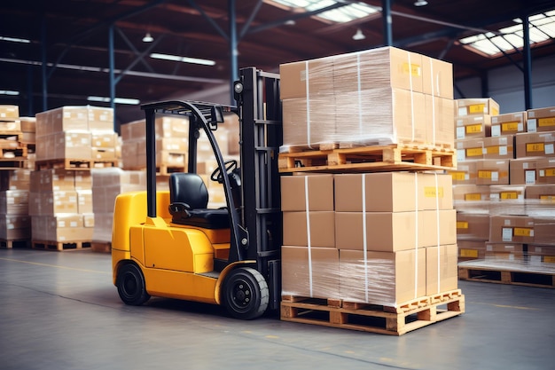 Forklift loads pallets and boxes in warehouse