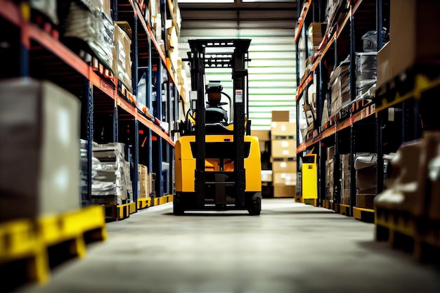 A forklift in a logistics warehouse