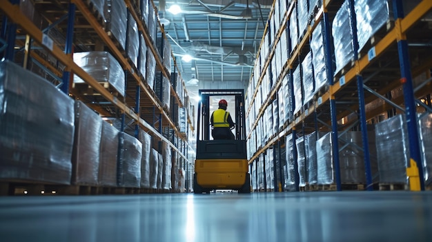 Forklift operator in warehouse moving items in building aig