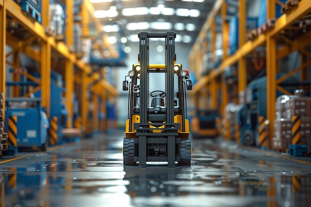 a forklift parked in a large warehouse