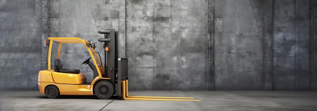 Forklift standing on industrial dirty concrete wall background with copy space for text