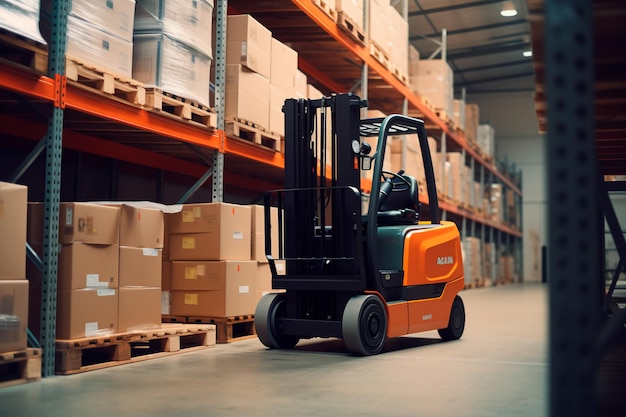 Photo forklift in stock labor day high shelves in stock ai generated