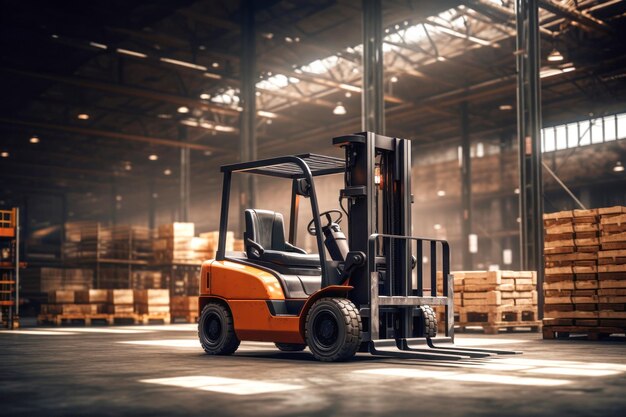 Forklift for transporting and lifting loads Pallets with boxes and containers in a goods warehouse