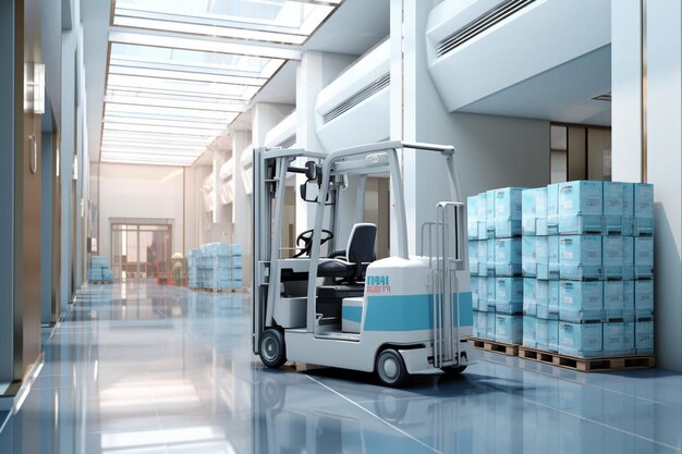 Forklift transporting medical supplies in a healthcare facility Best forklift picture photography