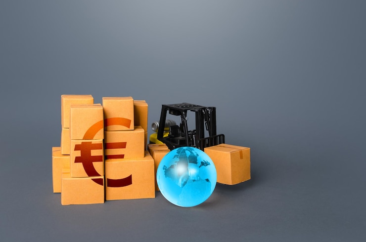 फोटो forklift truck and boxes with euro symbol trade and transportation of goods business globalization import export warehousing logistics business industry economic zone of european union