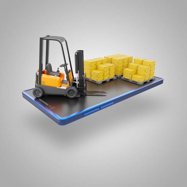 Forklift truck and cardboard box on pallet set on screen of smartphone. Cargo in warehouse to prepare for delivery by transporting to destination.