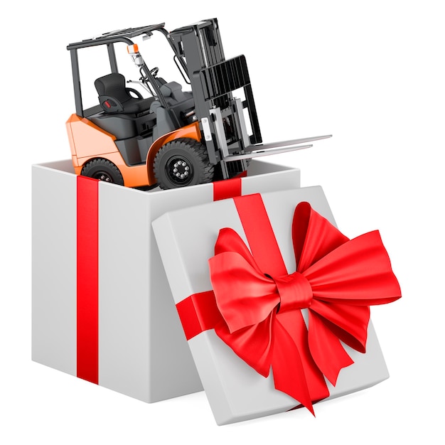 Forklift truck inside gift box present concept 3D rendering