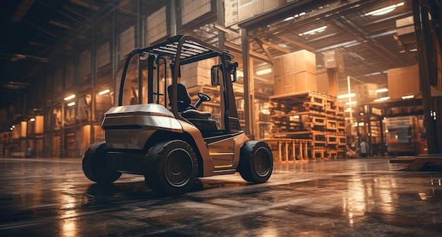 a forklift truck is driving through a warehouse