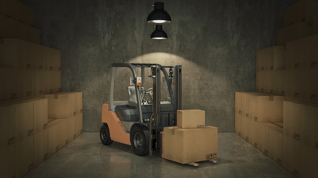 Forklift truck in warehouse or stora ge loading cardboard boxes