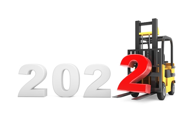 흰색 바탕에 2022년 새해 기호가 있는 지게차. 3d 렌더링