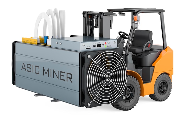 Forklift truck with ASIC miner concept 3D rendering