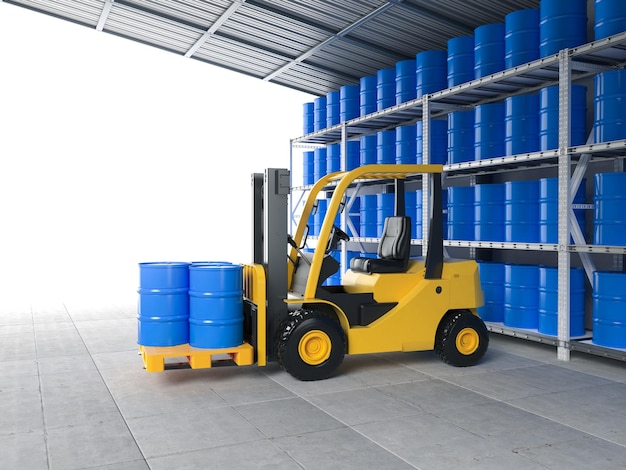 Forklift truck with blue barrels in warehouse