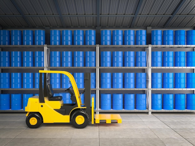 Photo forklift truck with blue barrels in warehouse