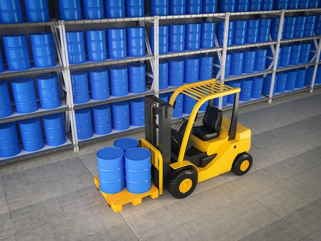forklift truck with blue barrels in warehouse