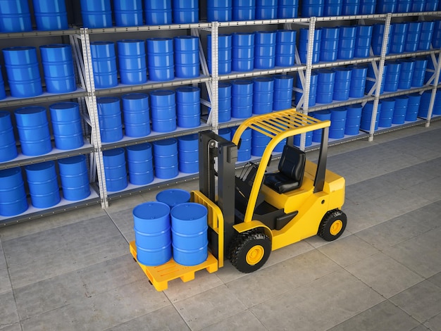 Forklift truck with blue barrels in warehouse