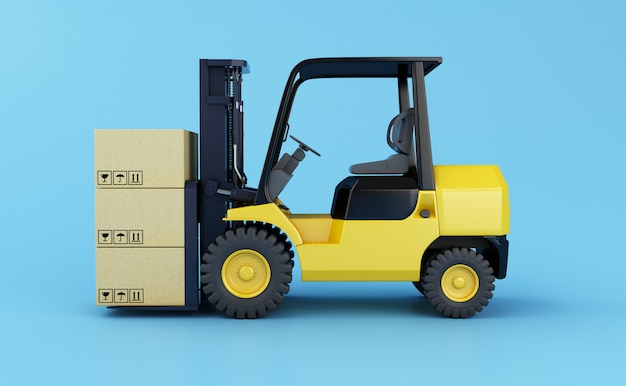 Forklift truck with cardboard  boxes on light blue background. 3d renderer illustration.