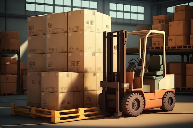 Photo forklift truck with cardboard boxes in warehouse generative ai