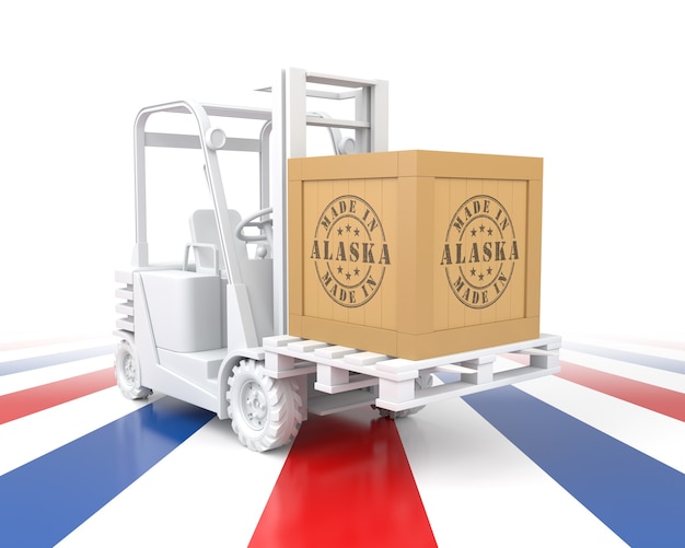 Photo forklift truck with export wooden crate. made in alaska. 3d rendering